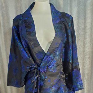 Handmade Kimono Robe Shimmery Sateen/Polyester Black/Blue Floral One size. Image